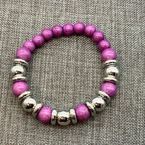 Beaded Stretch Bracelet 6.5 In Purple Crackle Marbled Silver Round Retro Vintage